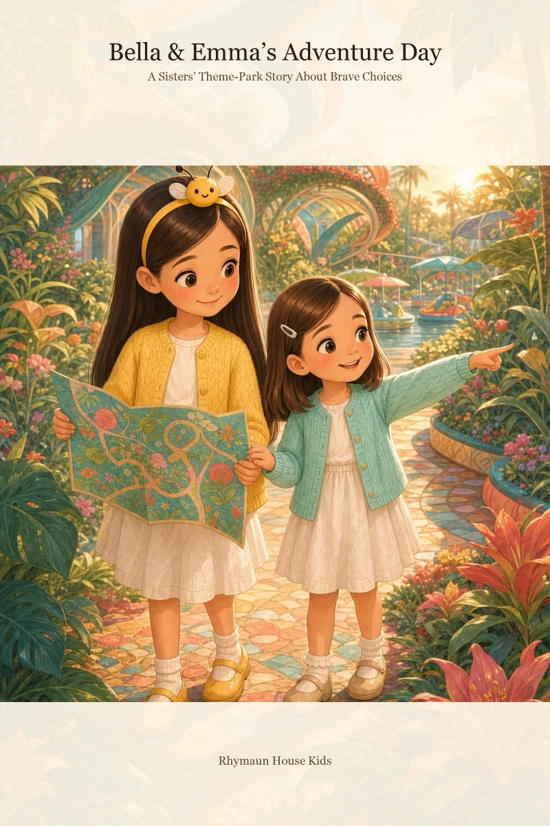 Bella and Emma exploring a bright garden adventure park together on the Bella & Emma’s Adventure Day book cover