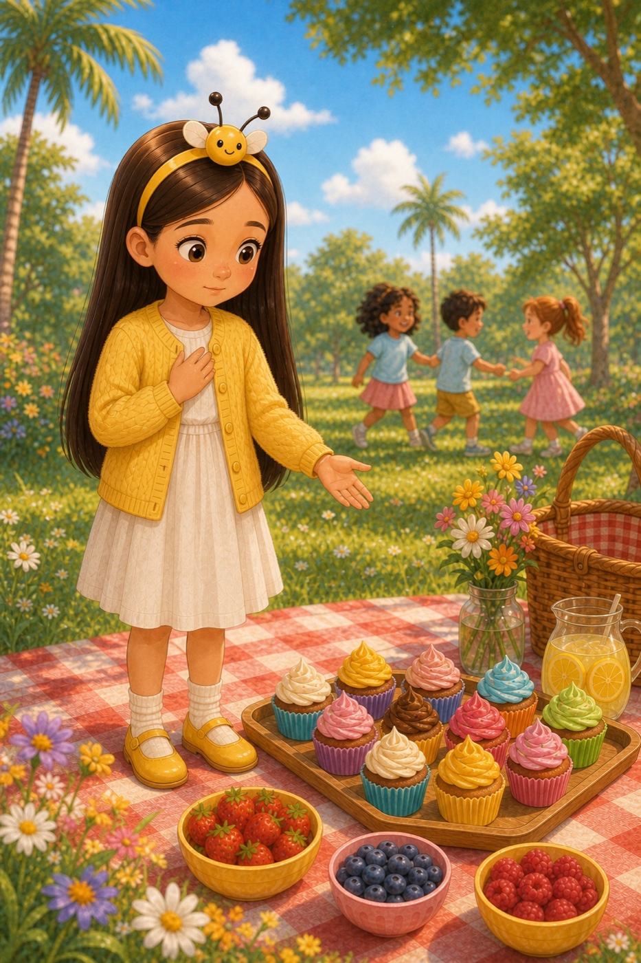 Bella asking a grown-up a careful question at a sunny picnic
