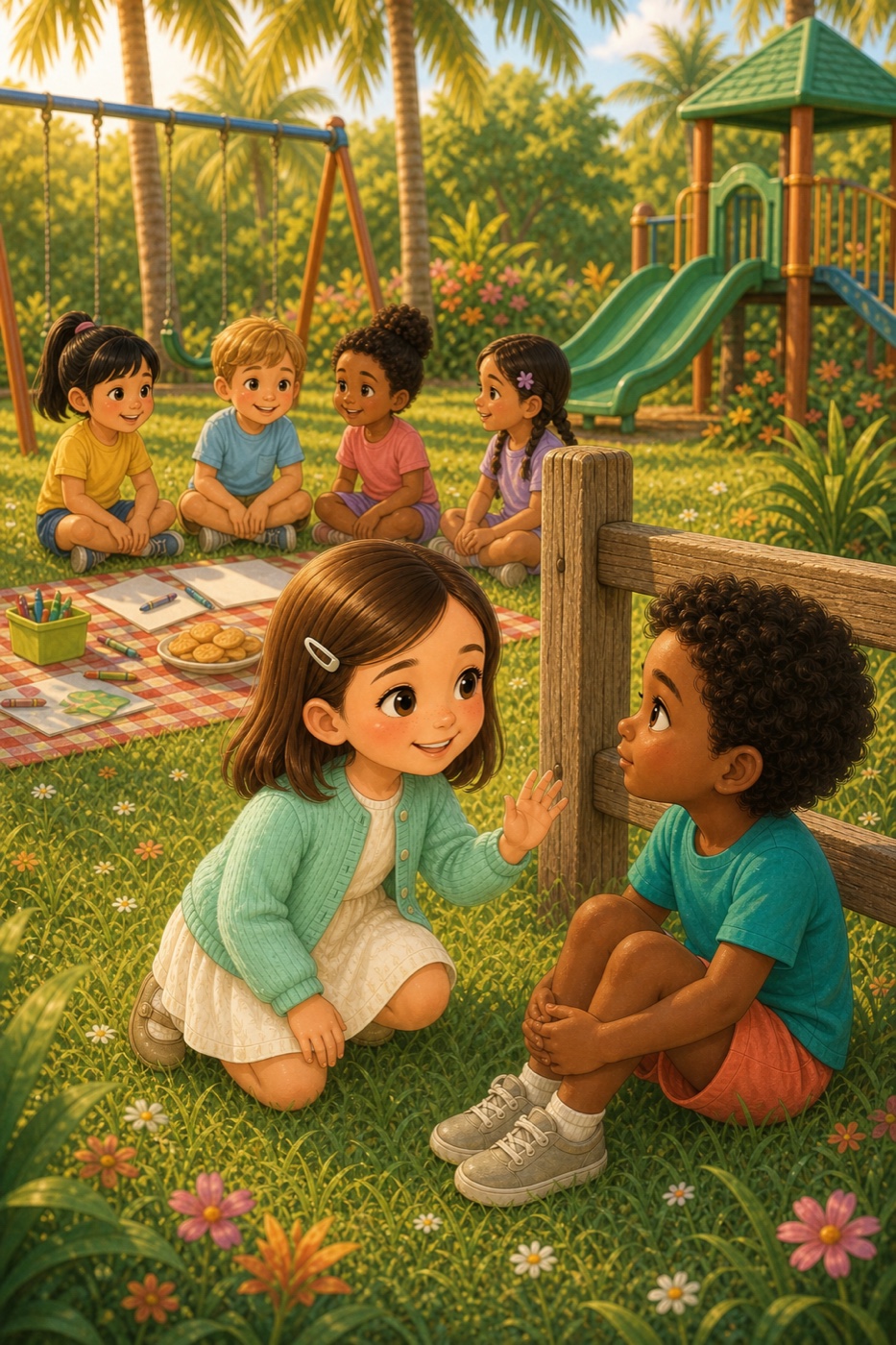 Emma noticing another child at a bright playground