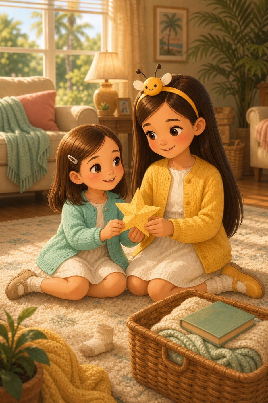 Two sisters sharing a tender family moment