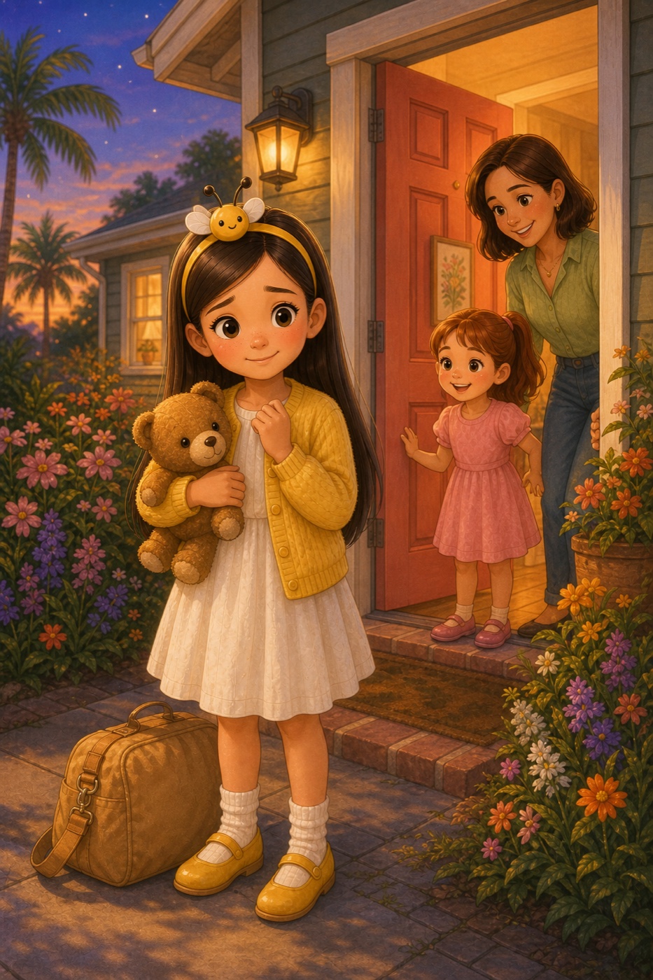 Bella arriving for her first sleepover at dusk